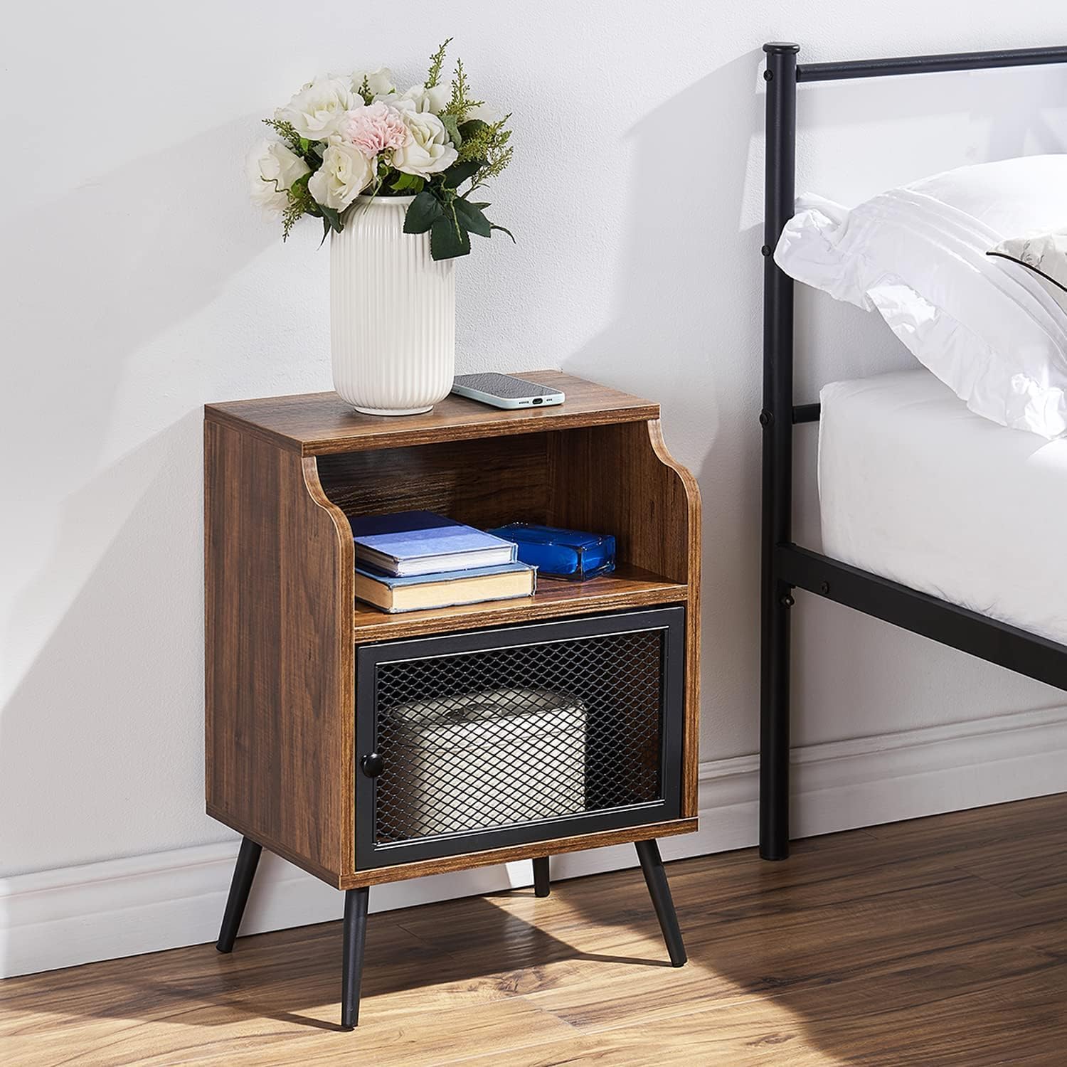 VECELO Modern Nightstand Set of 1, End Table with Storage Cabinet, Industrial Night Stand with Open Drawer Shelf for Living Room, Bedroom, Brown