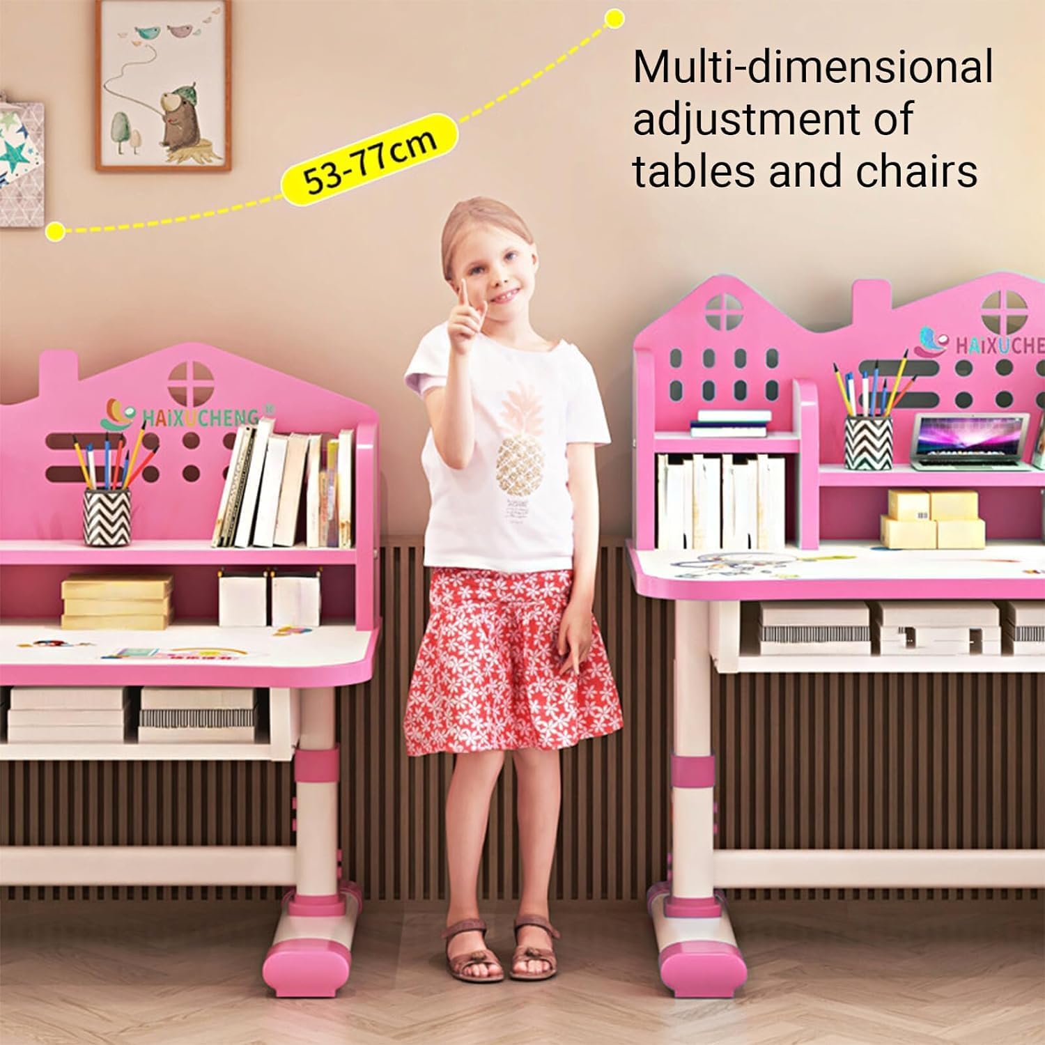Kids Adjustable Height Desk and Chair Set with Drawer and Storage, Kids Table and Chairs School Study Desk for Kids Pink