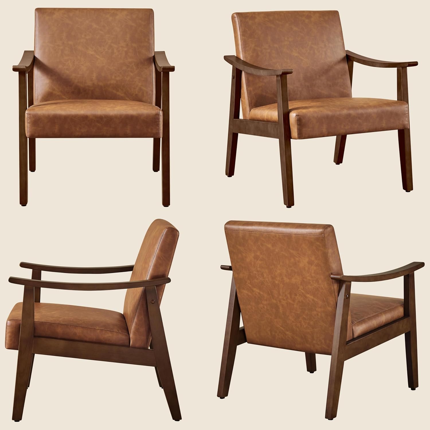 Yaheetech PU Leather Accent Chair, Mid-Century Modern Armchair with Solid Wood Legs, Reading Leisure Chair with High Back for Living Room Bedroom Waiting Room, Brown