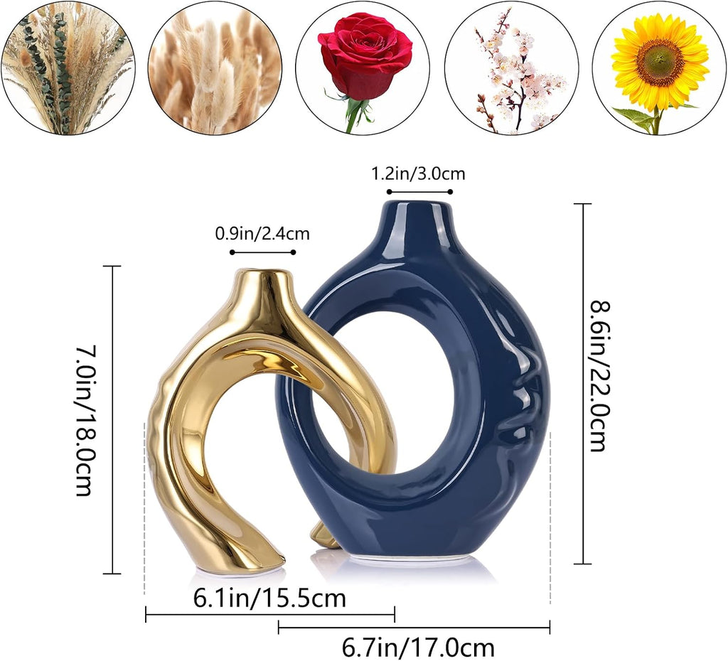LCCCK Blue and Gold Ceramic Vases for Home Decor, Boho Vase for Flowers Pampas Grass Decorative, Navy Blue Hollow Donut Small Vase for Living Room Table Wedding Centerpiece Modern Vases
