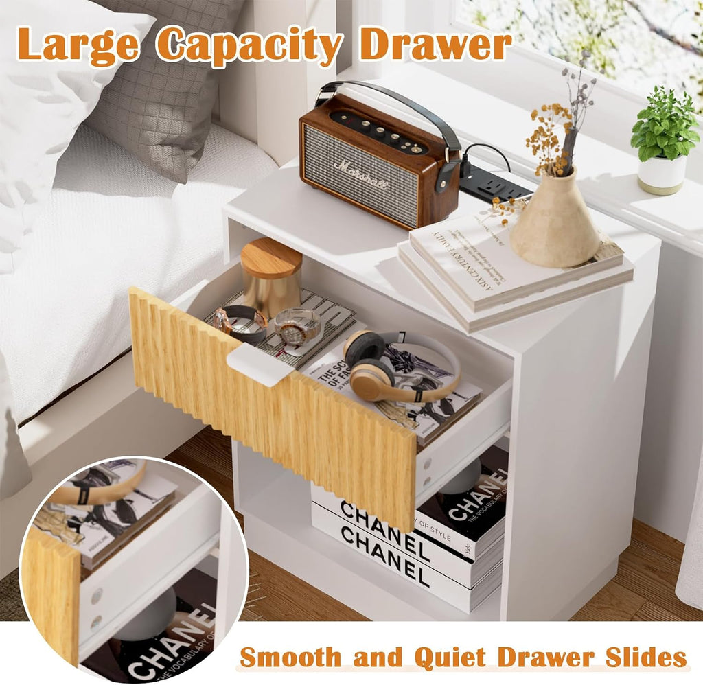 Fluted Nightstands Set of 2 with Charging Station, Wood Bedside Table with Drawer and Open Shelf, Mid Century End Table for Living Room, Bedroom, (White+Oak)