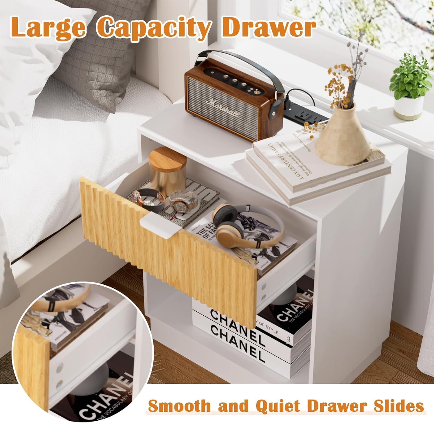 Fluted Nightstands Set of 2 with Charging Station, Wood Bedside Table with Drawer and Open Shelf, Mid Century End Table for Living Room, Bedroom, (White+Oak)