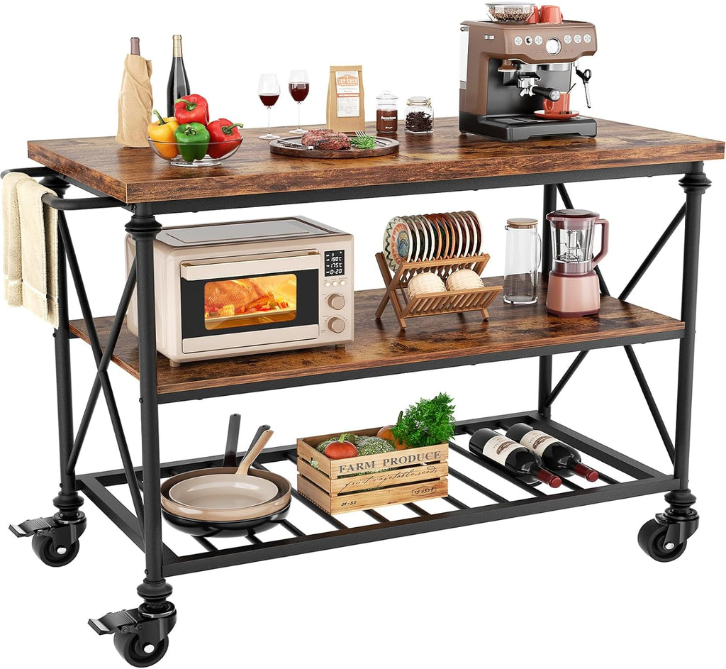 Homieasy Kitchen Island Cart with Wheels, 3-Tier Wood and Metal Rolling Kitchen Island Table with Pipe Legs, Storage Shelves & Lockable Casters for Kitchen Dining Room, Rustic Brown