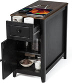 Farmhouse End Table with Charging Station, USB-C, Narrow Side Table with Storage Cabinet and Deep Drawer, Small Nightstand with Hidden USB Ports and Outlets for Living Room, Bedroom, Office,Black