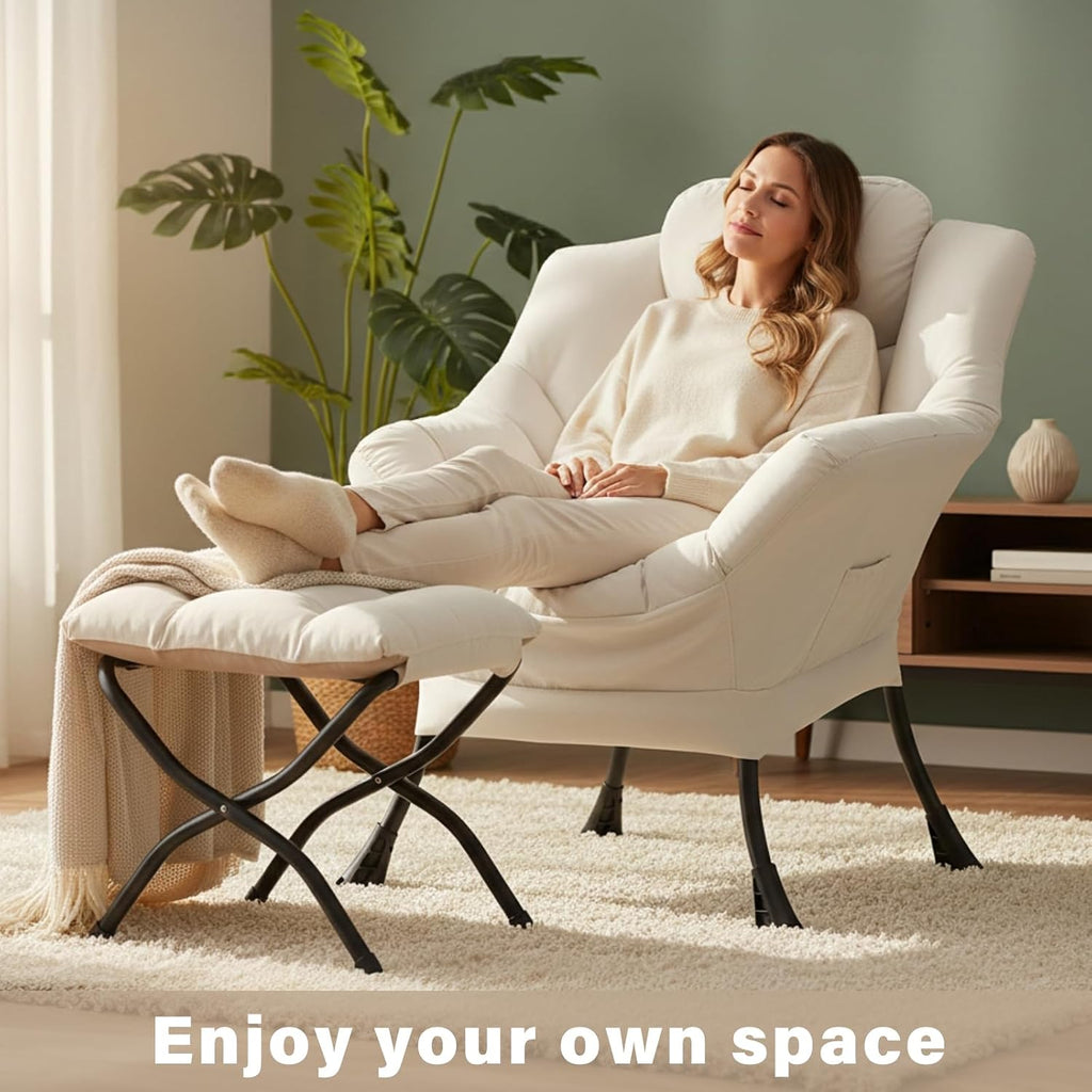 Cozy Lazy Chair and Ottoman, Large Contemporary Peach Beige Accent Chair Set, Leisure Upholstered Reading Armchair for Bedroom, Living Room, Dorm Rooms, Office, Balcony