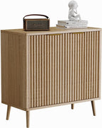 Modern Fluted Sideboard Buffet Cabinet with Storage, 31.5" Slim Wood Accent Credenza Console with Doors and Adjustable Shelves, Mid Century Narrow Storage Cabinet for Living Room, Hallway Kitchen Oak