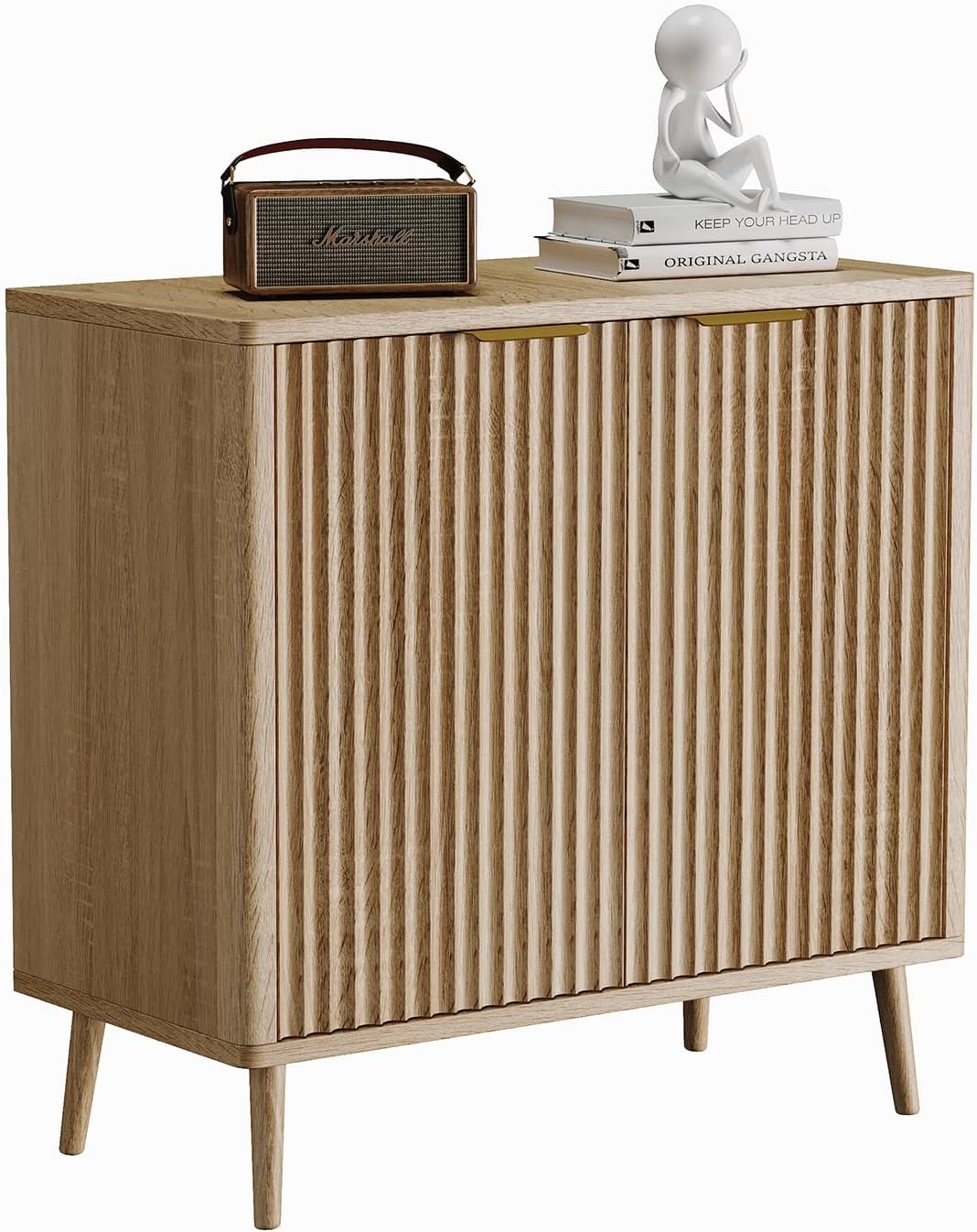 Modern Fluted Sideboard Buffet Cabinet with Storage, 31.5" Slim Wood Accent Credenza Console with Doors and Adjustable Shelves, Mid Century Narrow Storage Cabinet for Living Room, Hallway Kitchen Oak