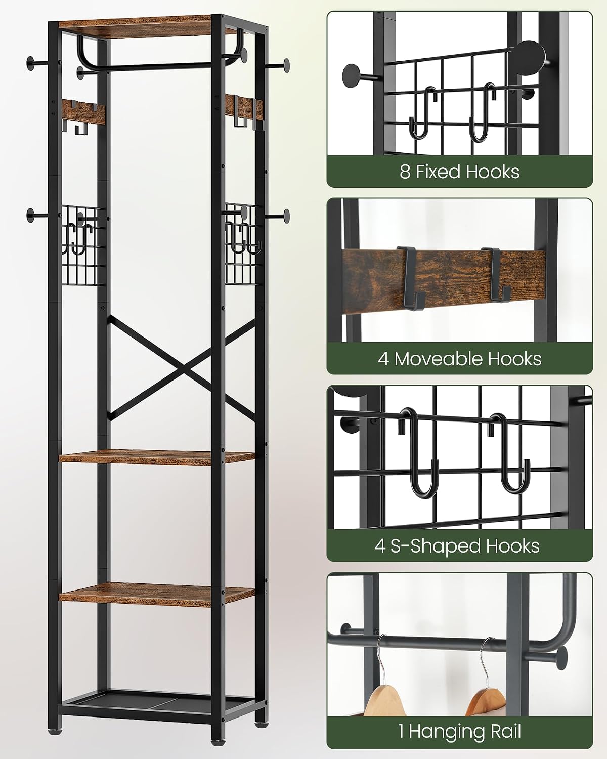 CHOEZON Coat Rack with Shelves, Freestanding Hall Tree, Coat Tree with 16 Hooks and Hanging Rail, Industrial Clothes Stand for Entryway, Hallway, Bedroom, Rustic Brown and Black TYM18BF