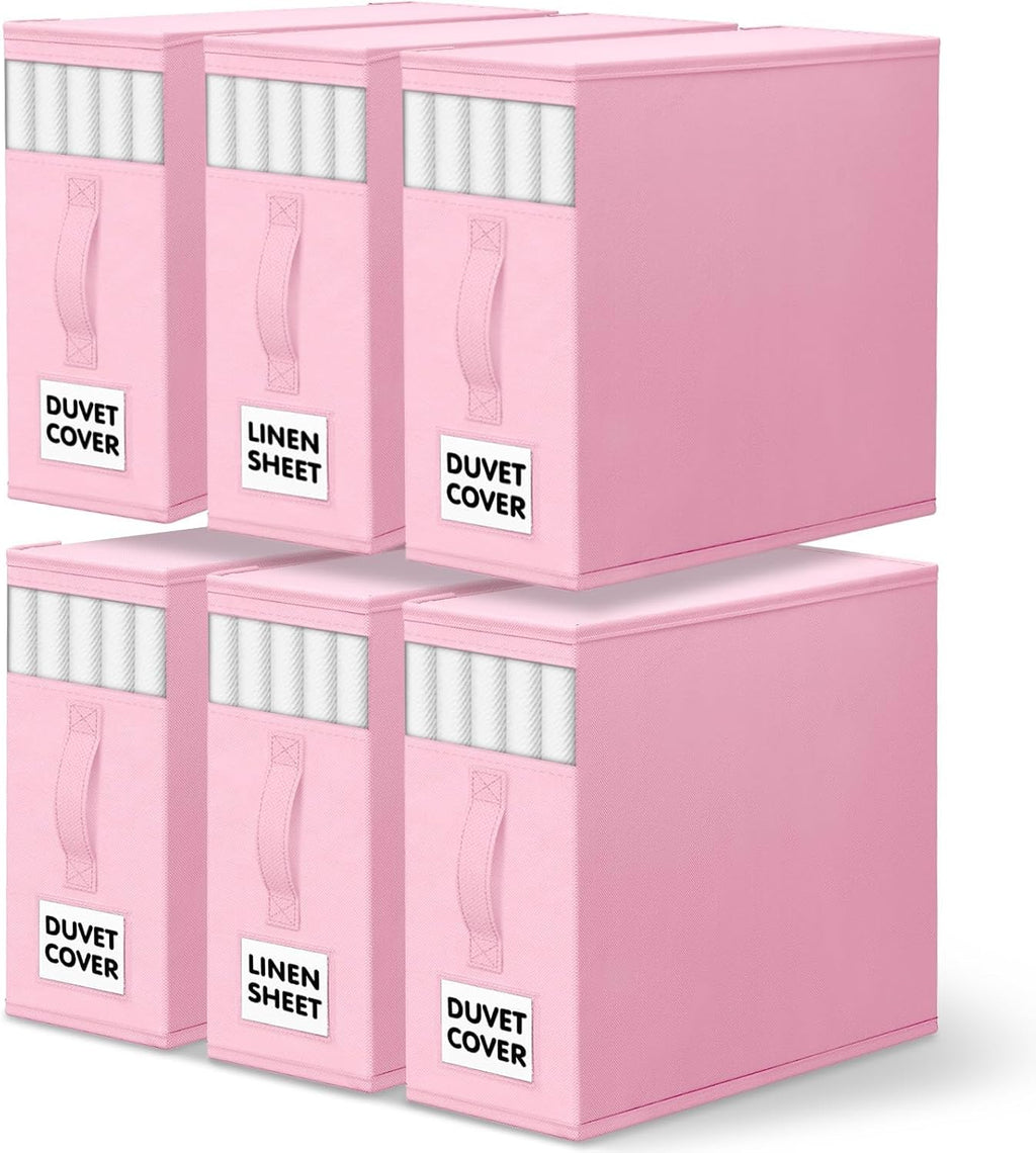 WOWBOX Sheet Organizers and Storage,Closet Bed Sheet Organizer Under Bed Storage and Organization with Label Cards & Clear Window for Bedding Sheets,Duvet Covers,Blankets (6 Pack，Pink)