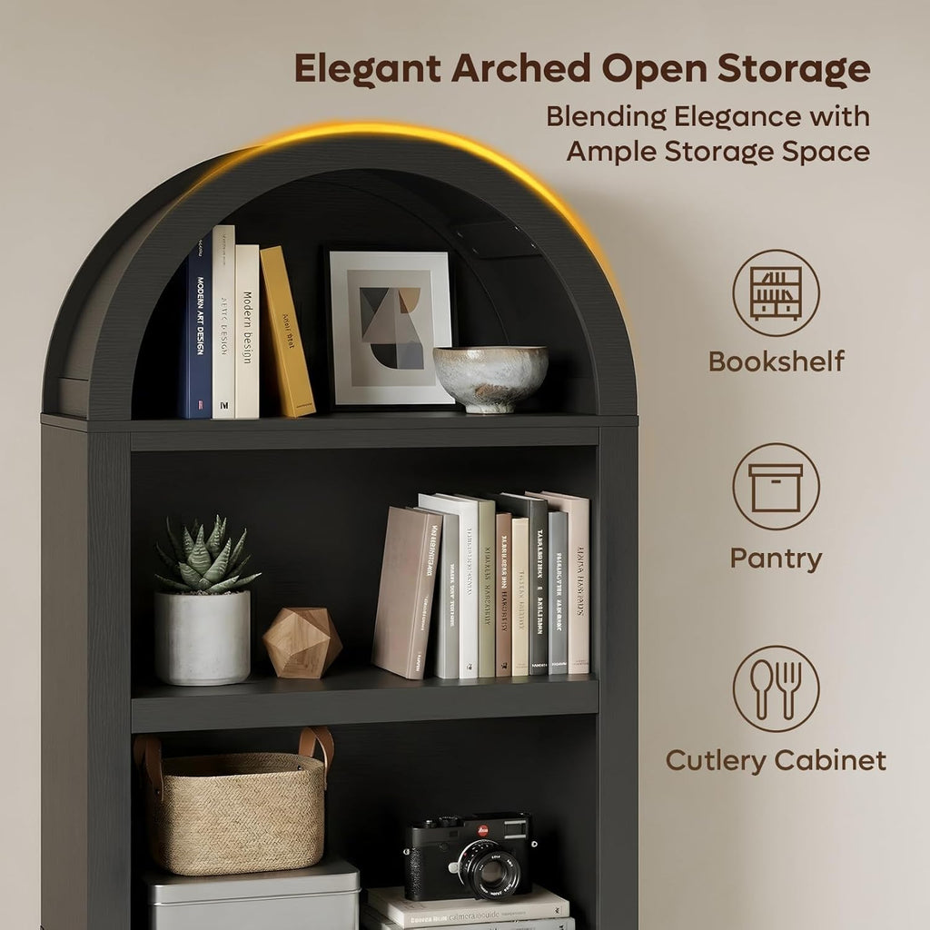 Bestier 76" Tall Arched Bookshelf, 5 Tier Arched Bookcase with Adjustable Book Shelves, Large Arch Wood Bookshelf, Modern Farmhouse Open Display Tall Bookcase for Bedroom, Home Office, Bedroom, Black
