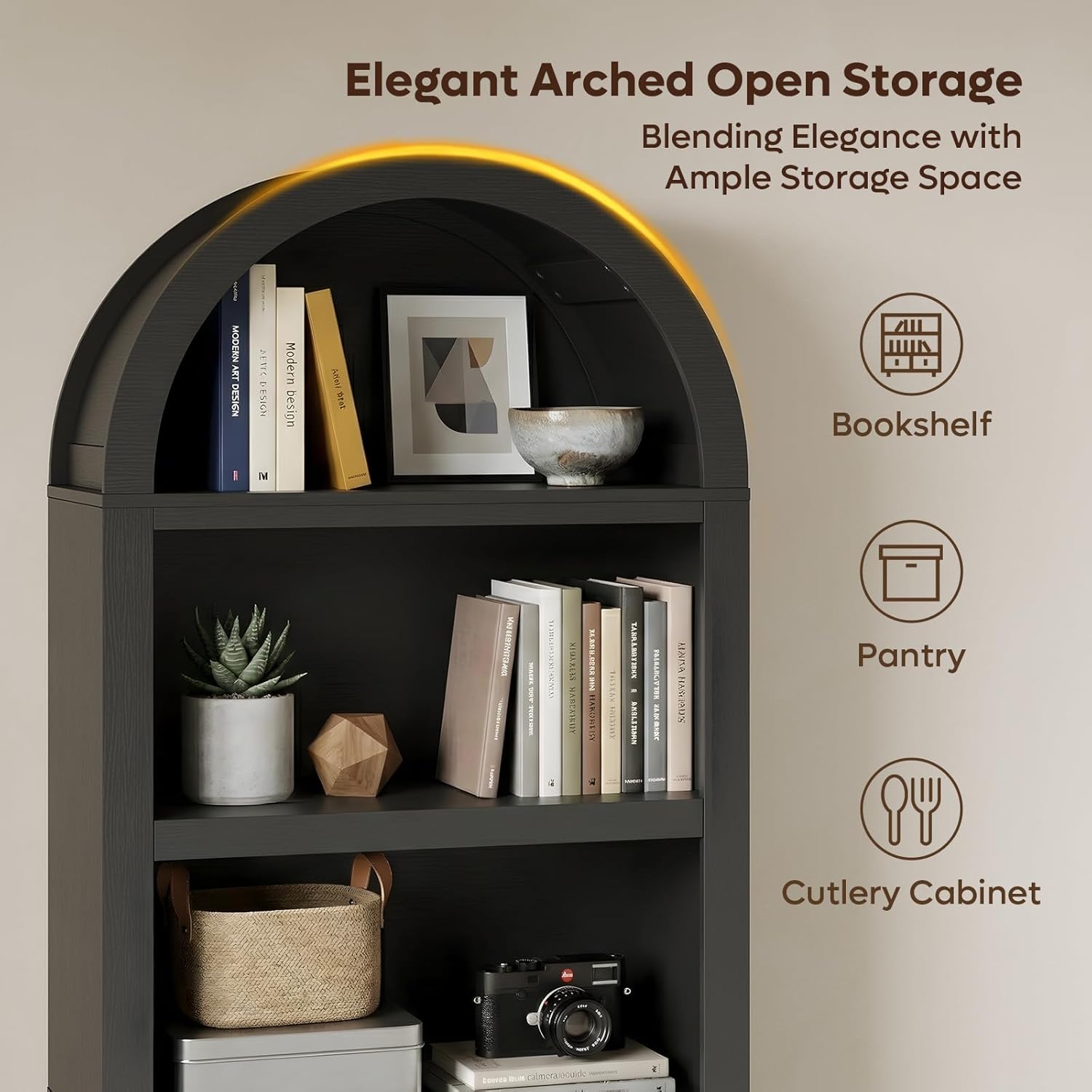 Bestier 76" Tall Arched Bookshelf, 5 Tier Arched Bookcase with Adjustable Book Shelves, Large Arch Wood Bookshelf, Modern Farmhouse Open Display Tall Bookcase for Bedroom, Home Office, Bedroom, Black
