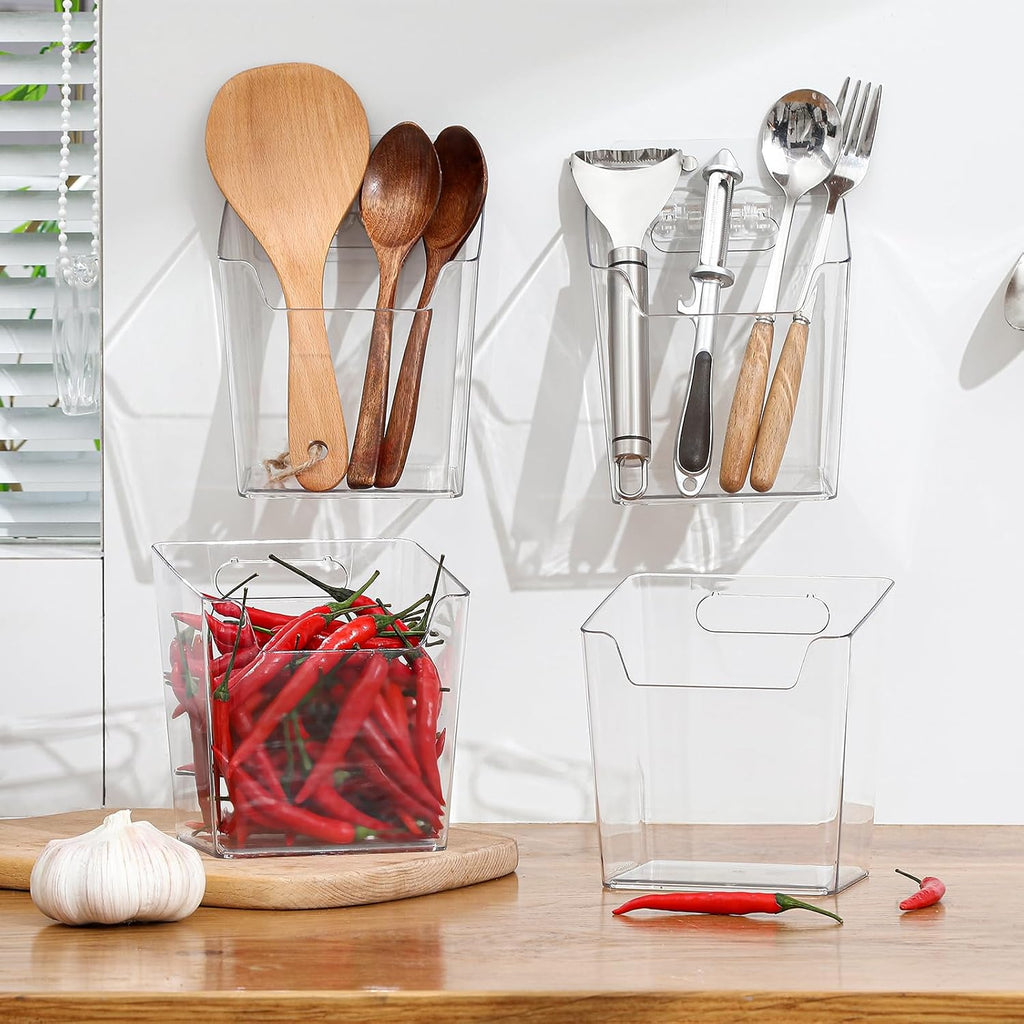 Clear Cabinet Door Organizer Bathroom, 4 Pack Hanging Makeup Storage Brush Holder, Adhesive Storage Bin Versatile Vertical Wall Mount Caddy for Pantry Office Kids' Room Small Items Organization