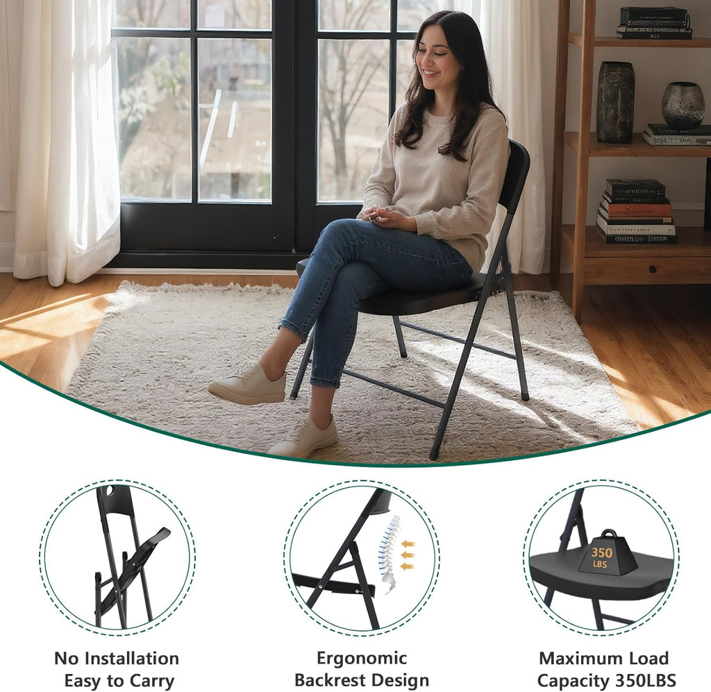 2 Pack Black Folding Chair, Plastic Portable Stackable Commercial Seats with Steel Frame 350lb, Heavy Duty Foldable Chair for Indoor and Outdoor, Patio, Office, Picnic, Kitchen, Events