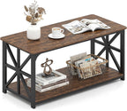Giantex Farmhouse Coffee Table, 43" Center Table with Storage & X-Shaped Frames, 2-Tier Modern Accent Cocktail Tea Table, Rectangular Wooden Living Room Tables for Small Spaces, Rustic Brown