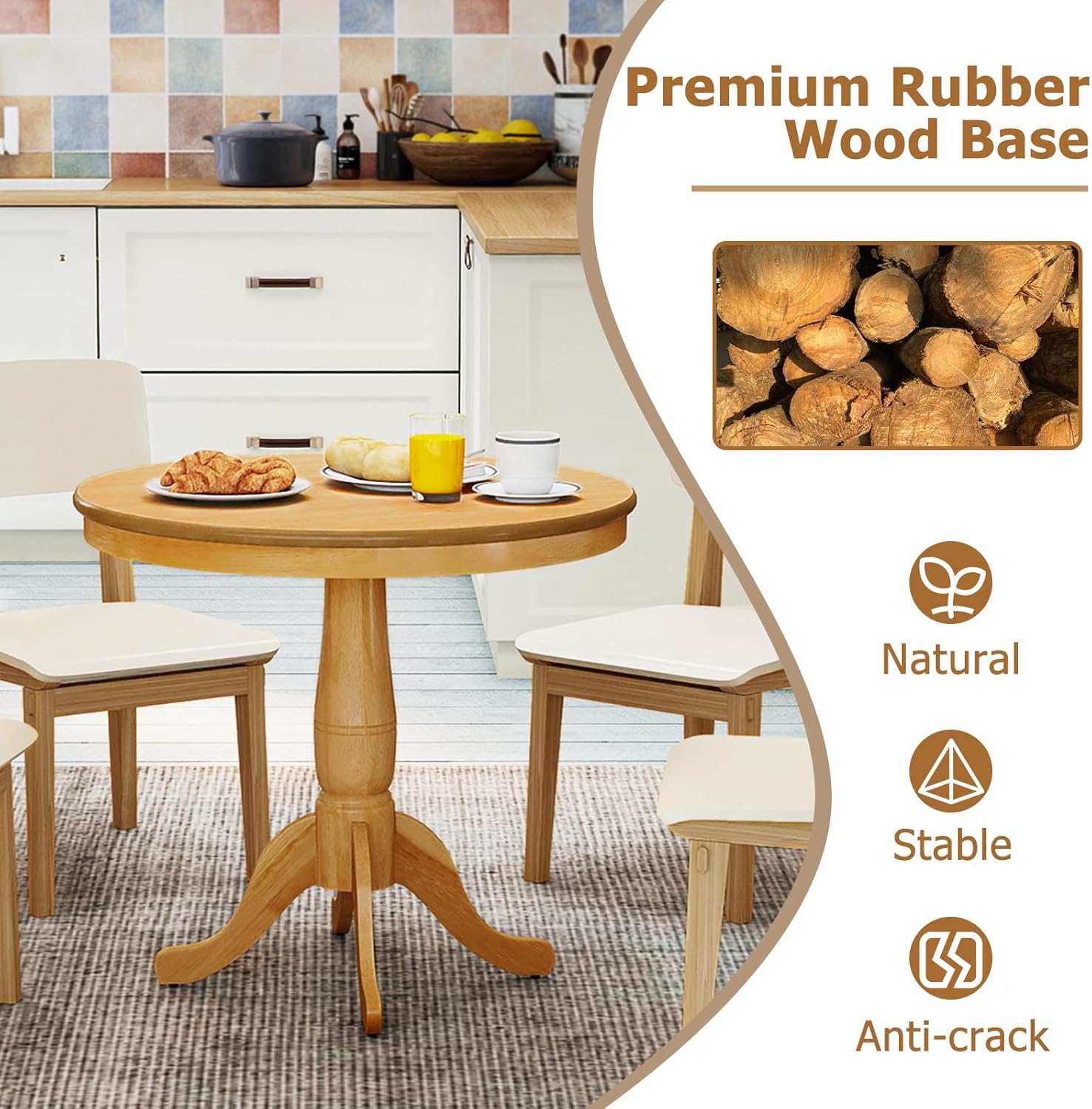 Round Dining Table, 32" D X 30" H Wooden Kitchen Table with Pedestal Base, Traditional Bistro Table for 2 to 4 People, Leisure Coffee Table for Home, Bar, Restaurant, Natural