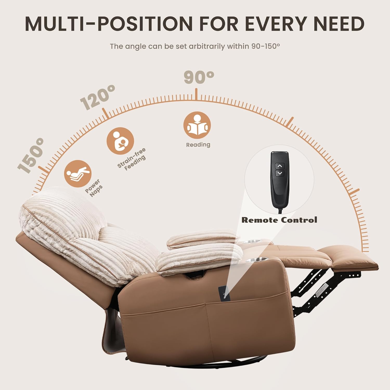 GRAINELL Rocking Chair Nursery, Electric Swivel Recliner Glider with Adjustable Armrests, Nursing Chair with USB Charger, Cup & Blanket Holders, Brown Corduroy & PU Leather