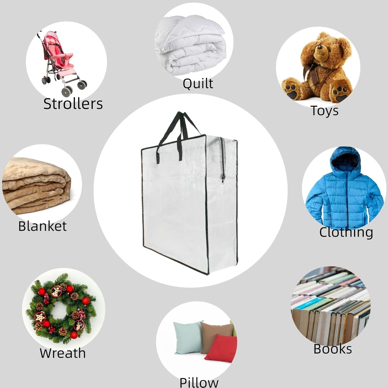 5 Pack Moving Bags, Wreath Storage Bag, Garland Container, Clear Storage Bags with Handles and Zippers Moving Bag for College Carrying, Bedding, Toys Organizer, Under the Bed Storage