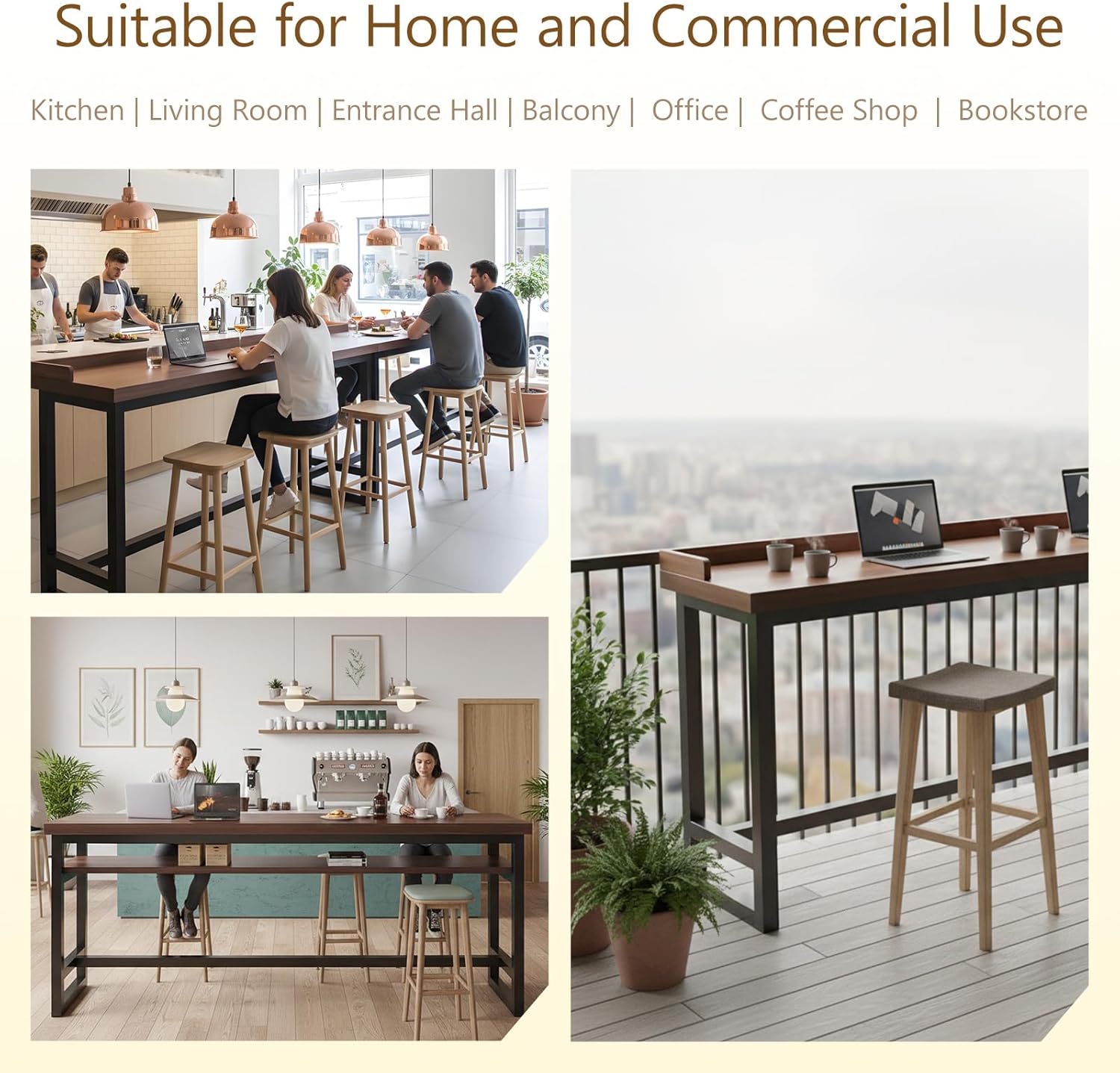 LINLIUA Narrow Bar Table, Tall Pub Table Bar Height Kitchen Dining Table, Industrial Counter Height Breakfast Bar, Couch Bar Table with Lip Single Double Layer, Black or White Frame for Home Kitchen