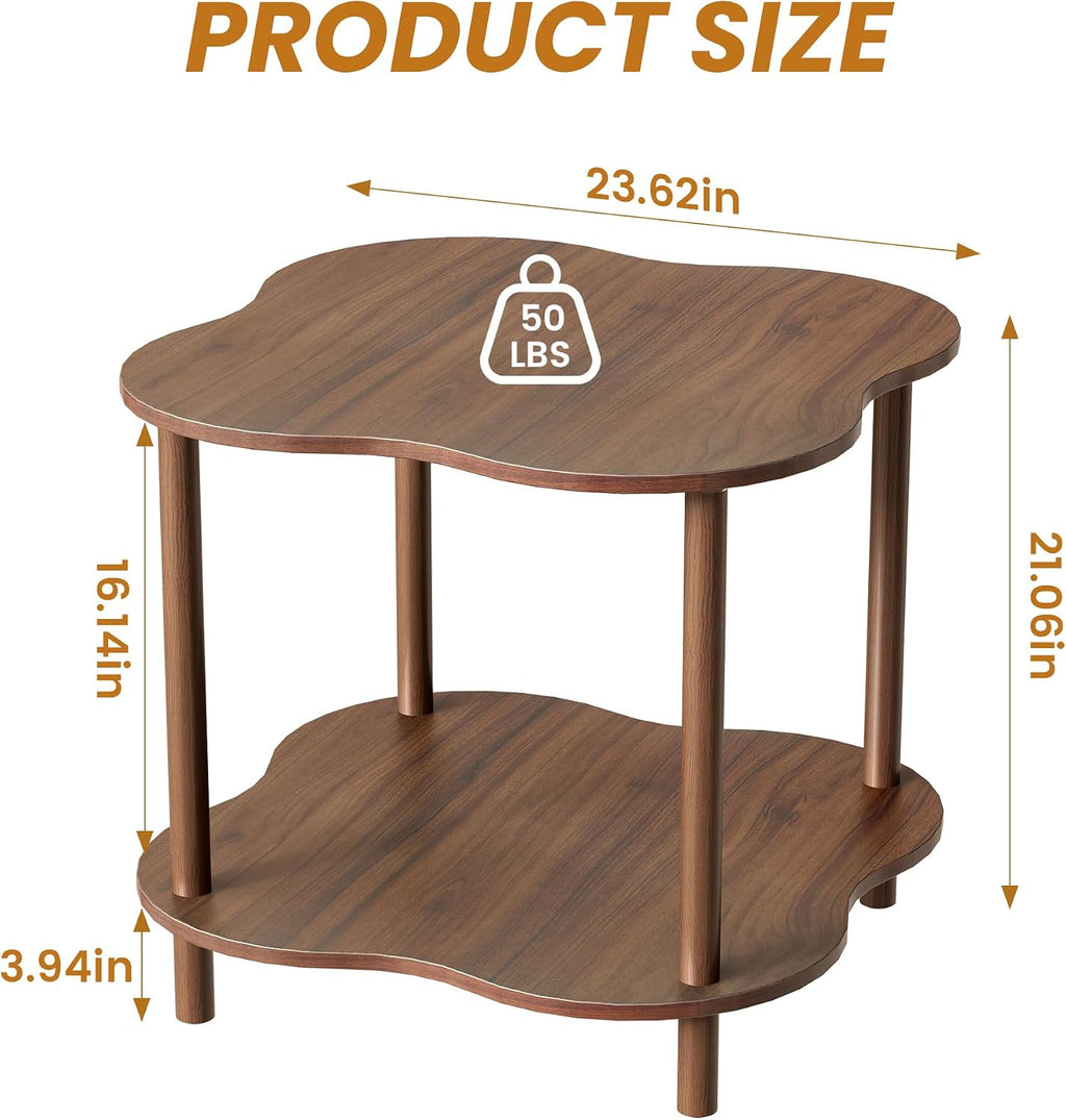 Wood End Side Table with Storage Shelf, 2-Tier Flower Shaped Coffee Table for Living Room, Walnut Sofa Tables, Modern Accent Side Tables for Couch, Farmhouse Nightstand for Bedroom, Small Spaces