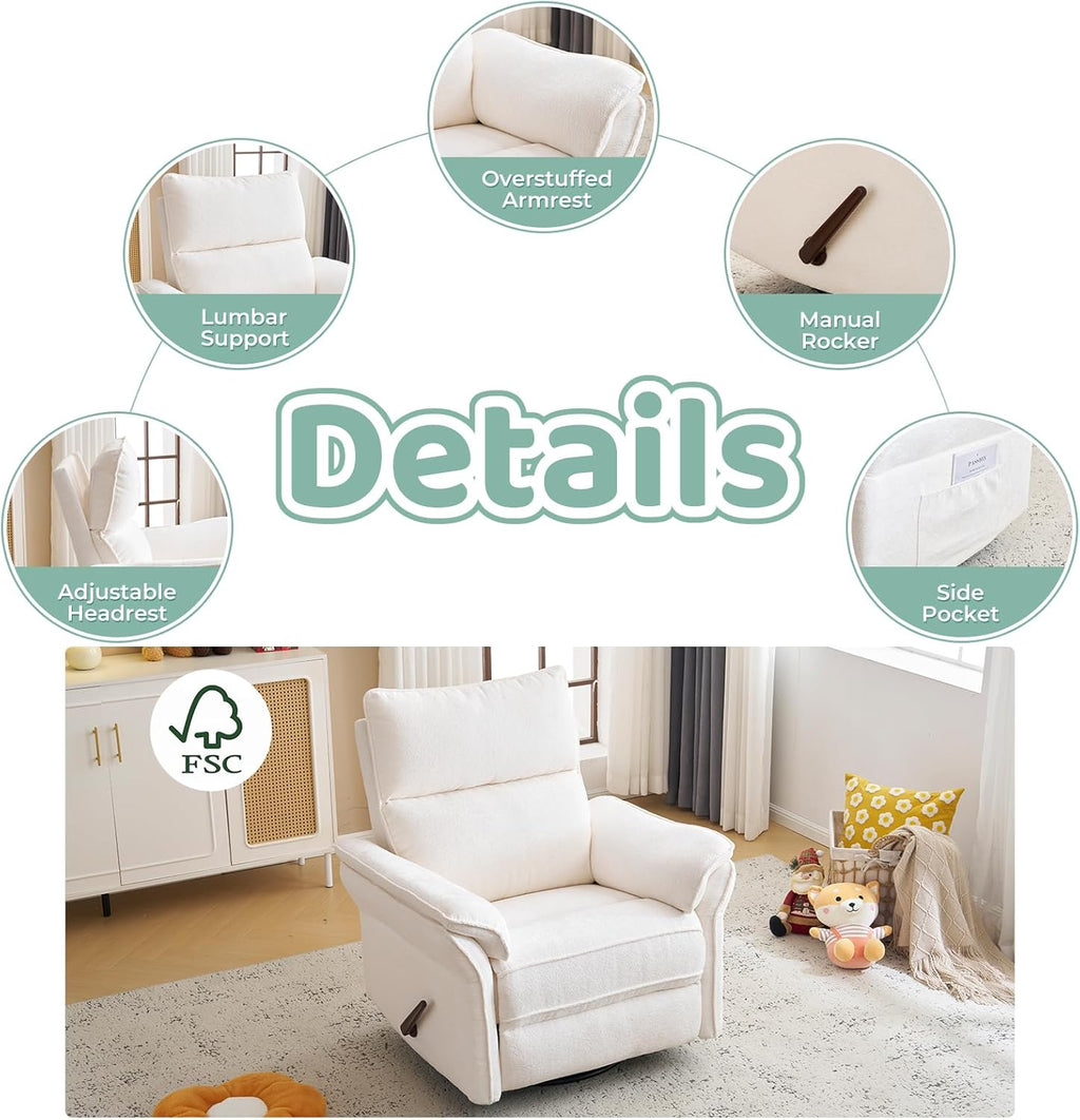 Swivel Rocker Recliner with Adjustable Headrest,Upholstered Glider Rocker Recliner with Overstuffed Armrest,Manual Recliner Nursery Chair for Living Room,White