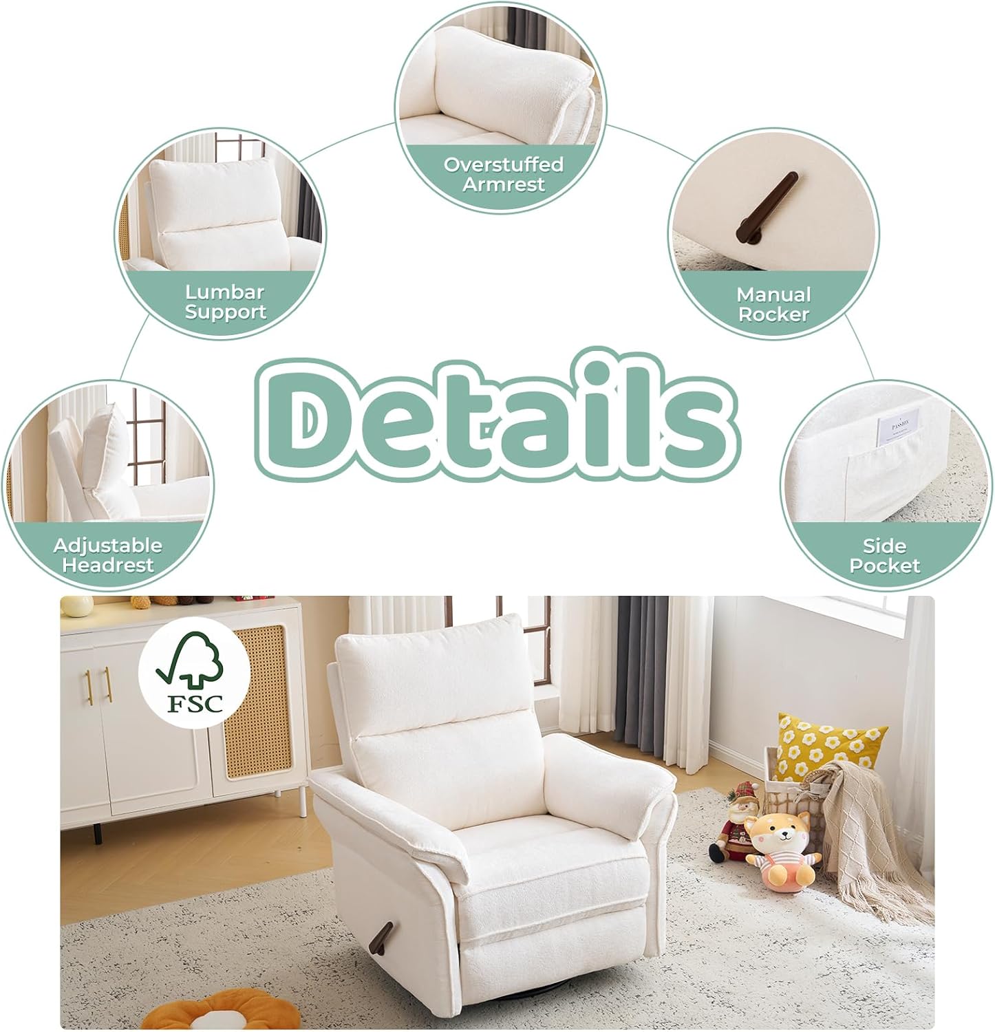 Swivel Rocker Recliner with Adjustable Headrest,Upholstered Glider Rocker Recliner with Overstuffed Armrest,Manual Recliner Nursery Chair for Living Room,White