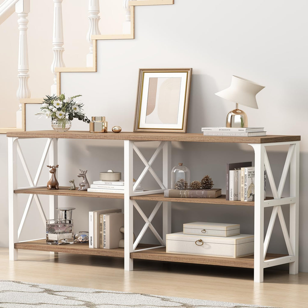 IBF Industrial Console Tables for Entryway, White and Rustic Oak, 63in | Farmhouse 3 Tier Wood and Metal Entryway Table with storage, Long Narrow Sofa Table Behind Couch