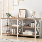 IBF Industrial Console Tables for Entryway, White and Rustic Oak, 63in | Farmhouse 3 Tier Wood and Metal Entryway Table with storage, Long Narrow Sofa Table Behind Couch
