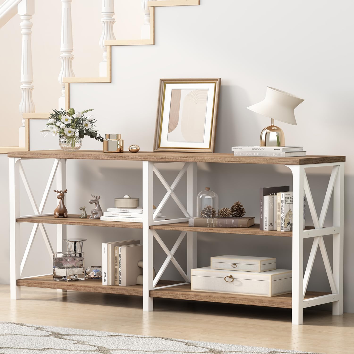 IBF Industrial Console Tables for Entryway, White and Rustic Oak, 63in | Farmhouse 3 Tier Wood and Metal Entryway Table with storage, Long Narrow Sofa Table Behind Couch