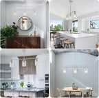 3 Lights Kitchen Island Lighting Brushed Nickel Pendant Light Fixtures with Glass Shade 31" Dining Room Chandeliers Adjustable Height Modern Linear Ceiling Hanging Light for Living Room, Foyer