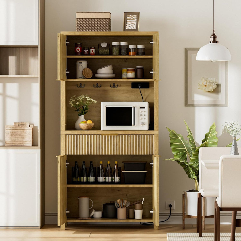 Modern Black Kitchen Pantry Cabinet/Water Ripple Food Cabinet (Wood Color)