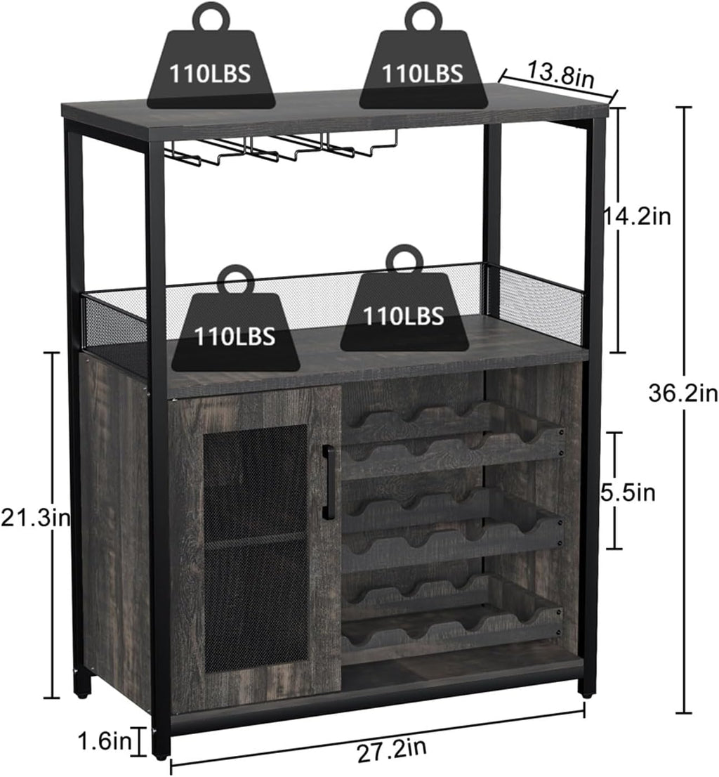 GAOMON Coffee Wine Bar Cabinet with Storage and Detachable Rack, Farmhouse Sideboard and Buffet Cabinet with Glass Holder and Mesh Door, Liquor Coffee Bar Cupboard, Dark Wood