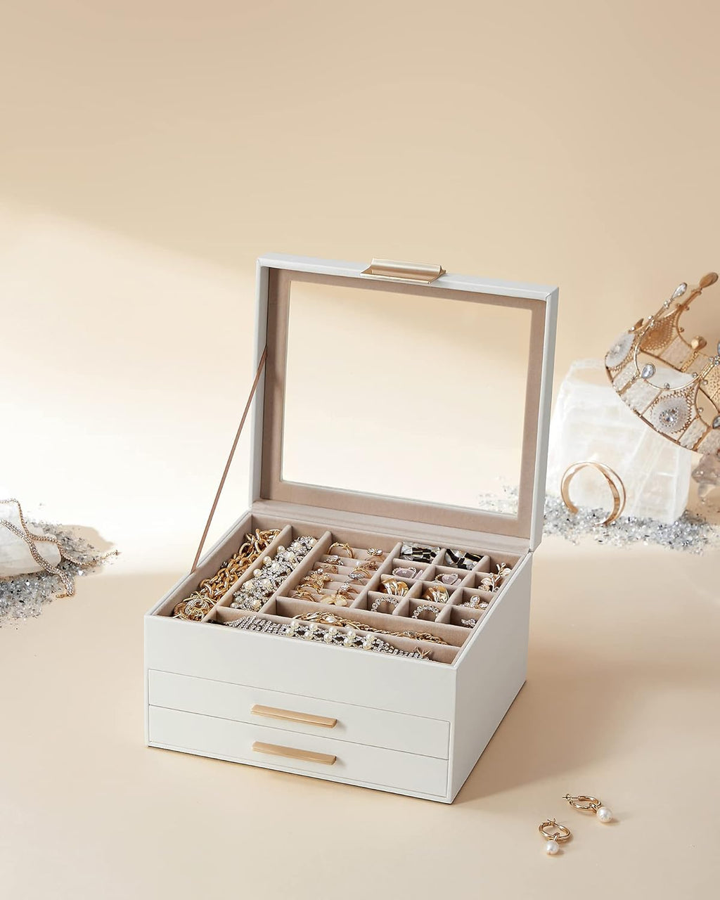 SONGMICS GISELLA Collection - Jewelry Box Organizer, 3-Layer Jewelry Storage with 2 Drawers, Shiny Metal Hardware, Glass Lid, Modern, 8 x 9.1 x 5.3 Inches, Cloud White and Gold Color UJBC239WT
