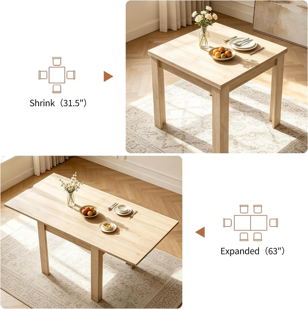 31.5"-63" Square Extendable Folding Dining Table, Natural Wood | Living Room, Kitchen, Dining Room, Space Saving, Drop Leaf, Modern Dining Room Table, Rectangular Dining Table, Seats 4-6