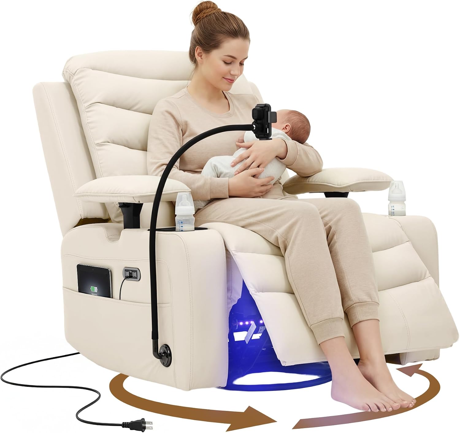 Olela Power Glider Recliner Nursery Chair, Leather Swivel Rocking Chair with Electric Lumbar Support, USB Charging, Smart Cup Holder, Light, Adjustable Armrest, Wireless Phone Charger Holder