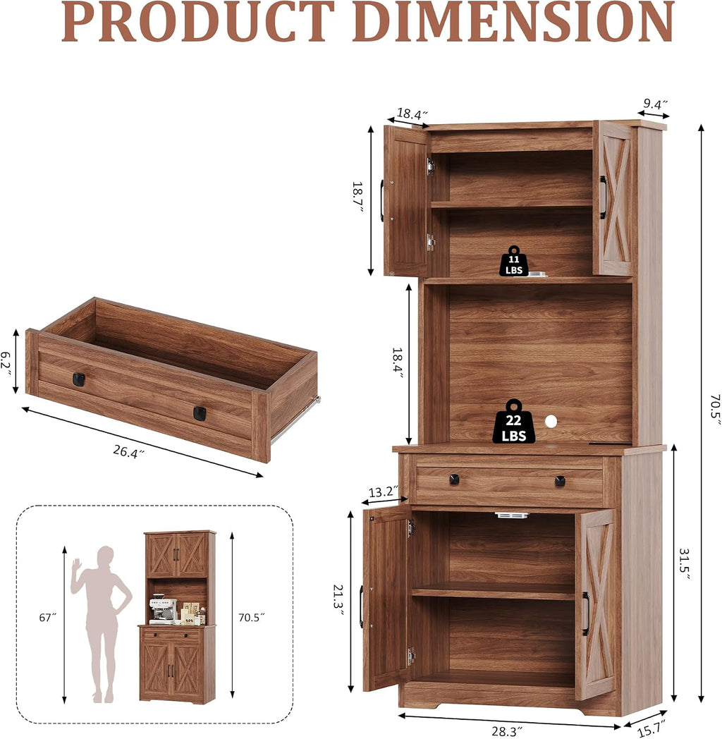 IDEALHOUSE 71" Pantry Cabinet with Charging Station, Tall Kitchen Pantry Storage Cabinet with Microwave Stand, Large Farmhouse Kitchen Hutch with Cabinet Doors & Drawer for Living Room, Dining Room