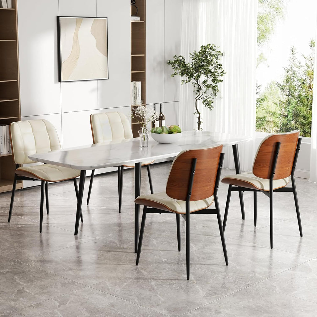 Dining Chairs Set of 2, Mid Century Modern Dining Room Chair with Thick Cushion, Upholstered Faux Leather Kitchen Chairs with Walnut Bentwood Back for Kitchen Dining Room, Beige