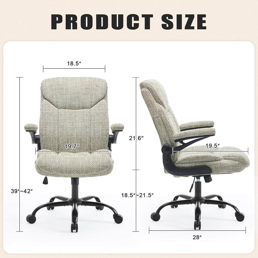 Fabric Executive Office Chair - Ergonomic Computer Chair with Flip-up Arms Comfy Cloth Home Desk Chairs Mid Back Support Adjustable Height Tilt Lock Swivel Rolling Wheels, LightGreen