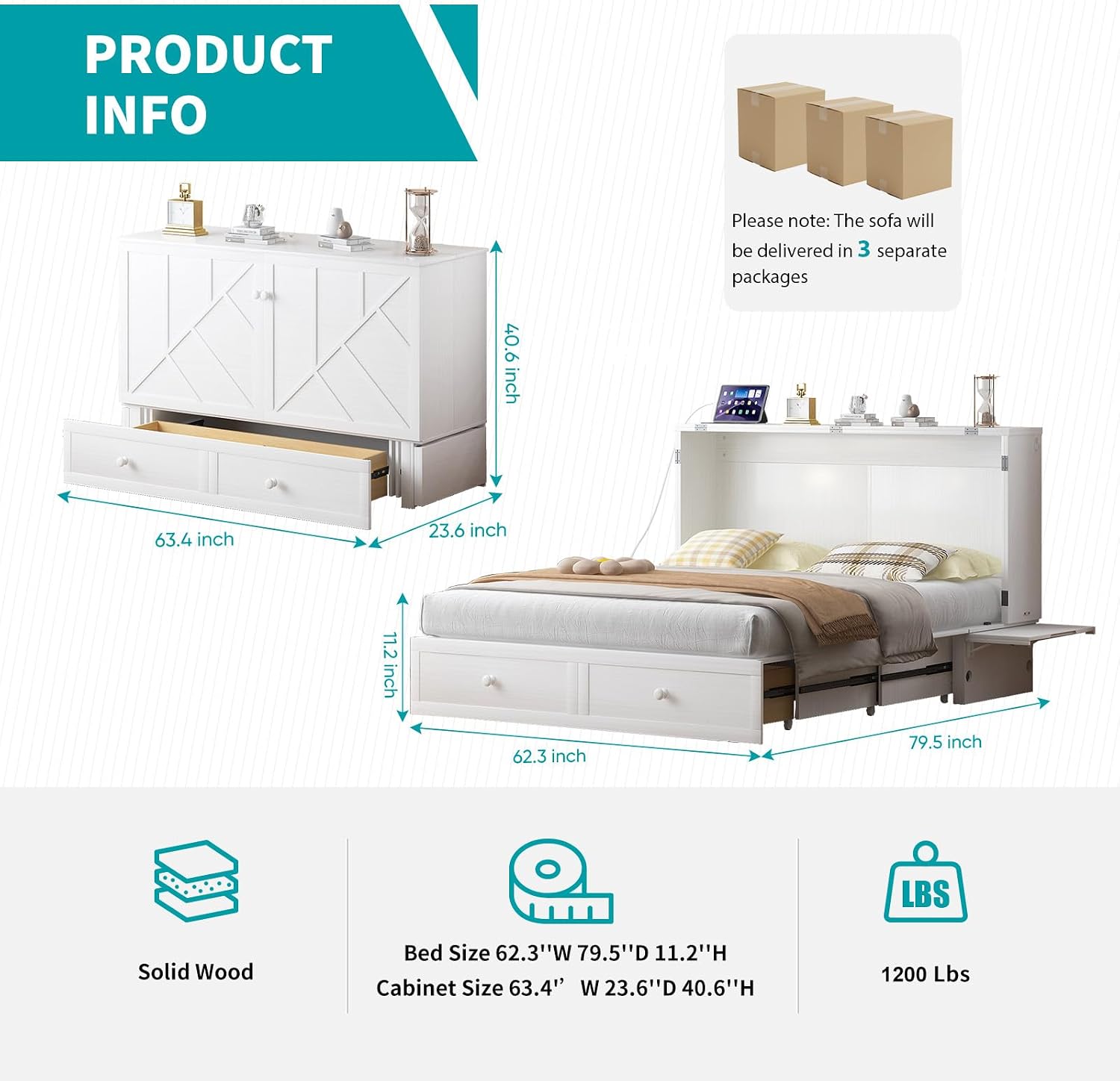 BALUS Queen Murphy Bed, Murphy Cabinet Bed with 2 Storage Drawers &USB Charging Station, Space-Saving Murphy Beds for Living Room/Bedroom, White
