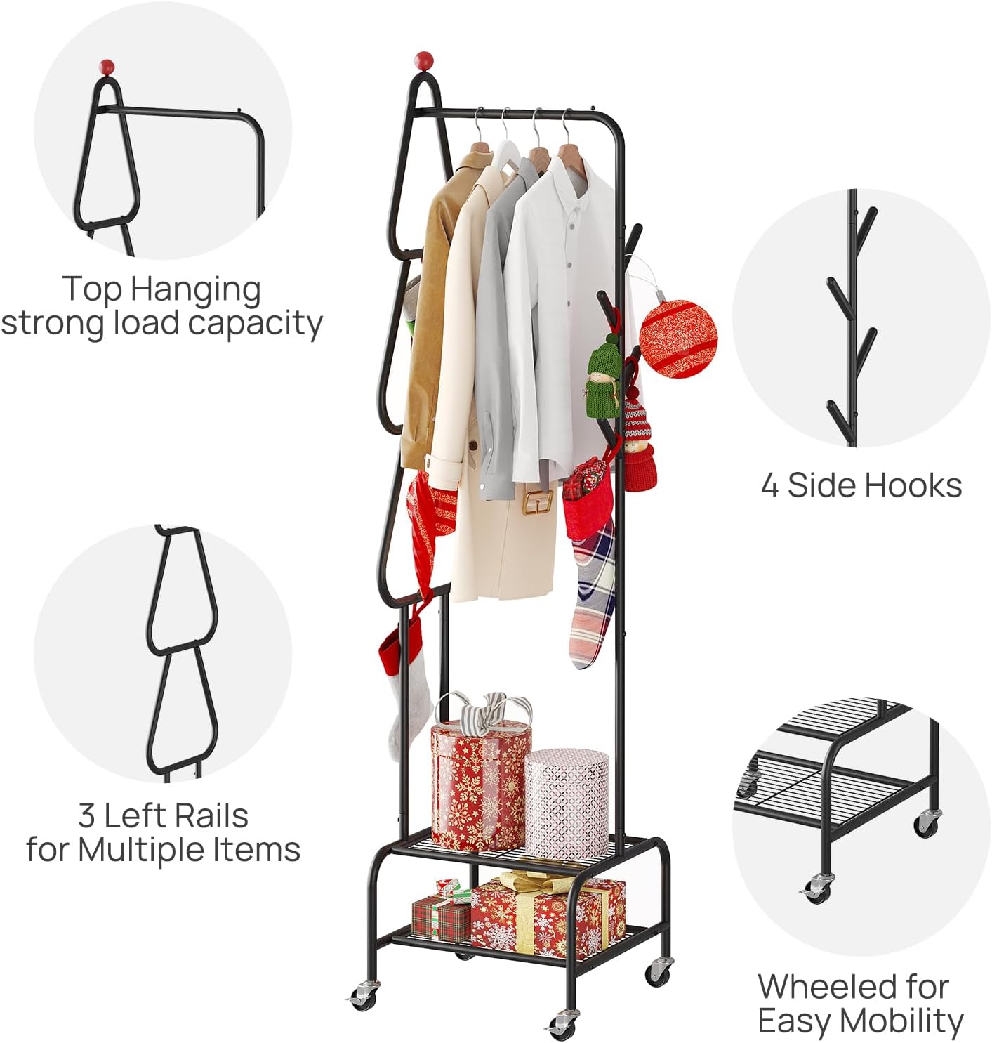 viewcare Coat Rack with Wheels, 4 Hooks Rolling Garment Rack, 360° Swivel Wheels with Brake, Heavy Duty Metal Rustproof for Entryway Bedroom