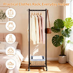 LiaMeE 63 Inch Tall Clothes Rack with Wheels, Heavy Duty Metal Garment Rack with Shoe Shelf, Rolling Clothing Rack Holds 110lbs, Small Space Wardrobe Rack for Bedroom Laundry, Black