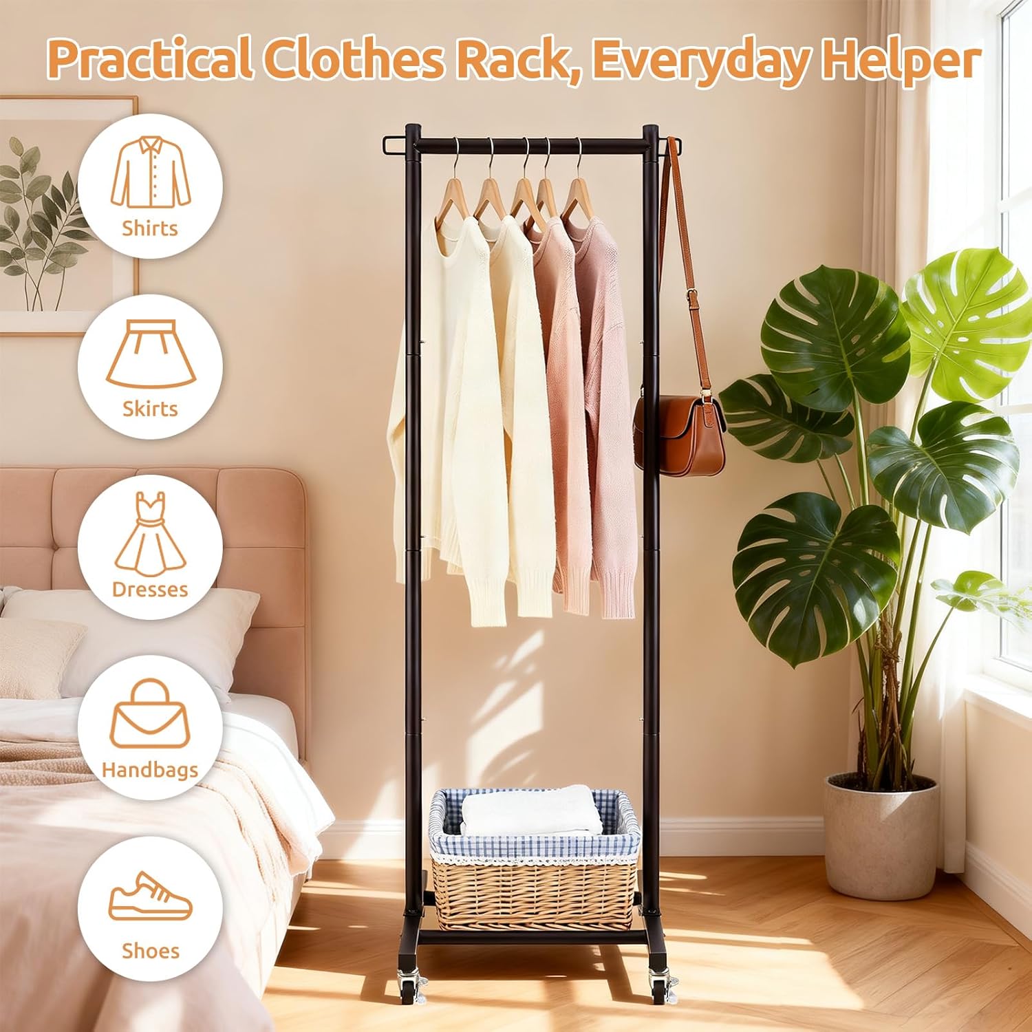 LiaMeE 63 Inch Tall Clothes Rack with Wheels, Heavy Duty Metal Garment Rack with Shoe Shelf, Rolling Clothing Rack Holds 110lbs, Small Space Wardrobe Rack for Bedroom Laundry, Black