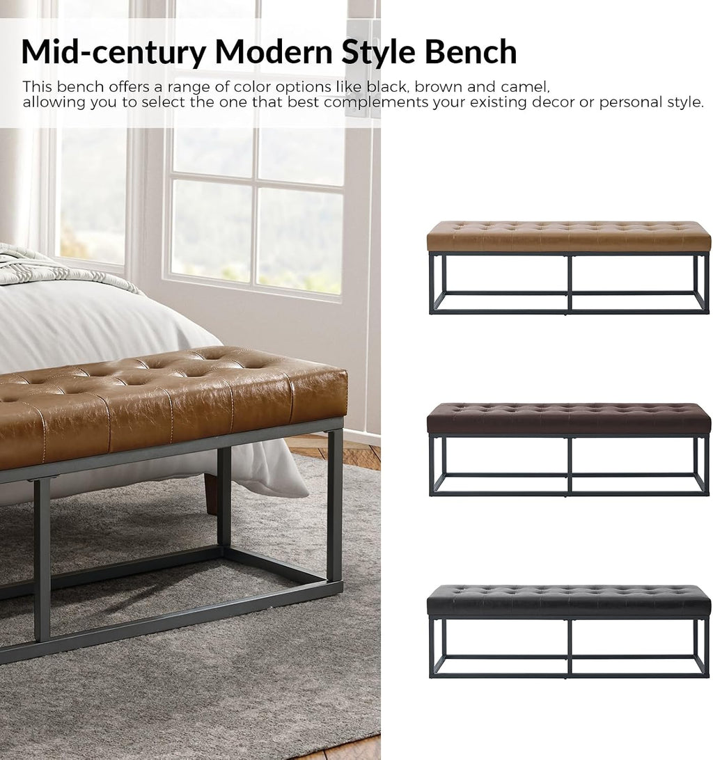 HULALA HOME 61" Faux Leather Bench with Metal Base, Upholstered Bedroom Bench for End of Bed, Button-Tufted Footstool for Entryway Living Room Dining Room, Camel