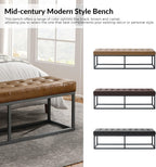 HULALA HOME 61" Faux Leather Bench with Metal Base, Upholstered Bedroom Bench for End of Bed, Button-Tufted Footstool for Entryway Living Room Dining Room, Camel