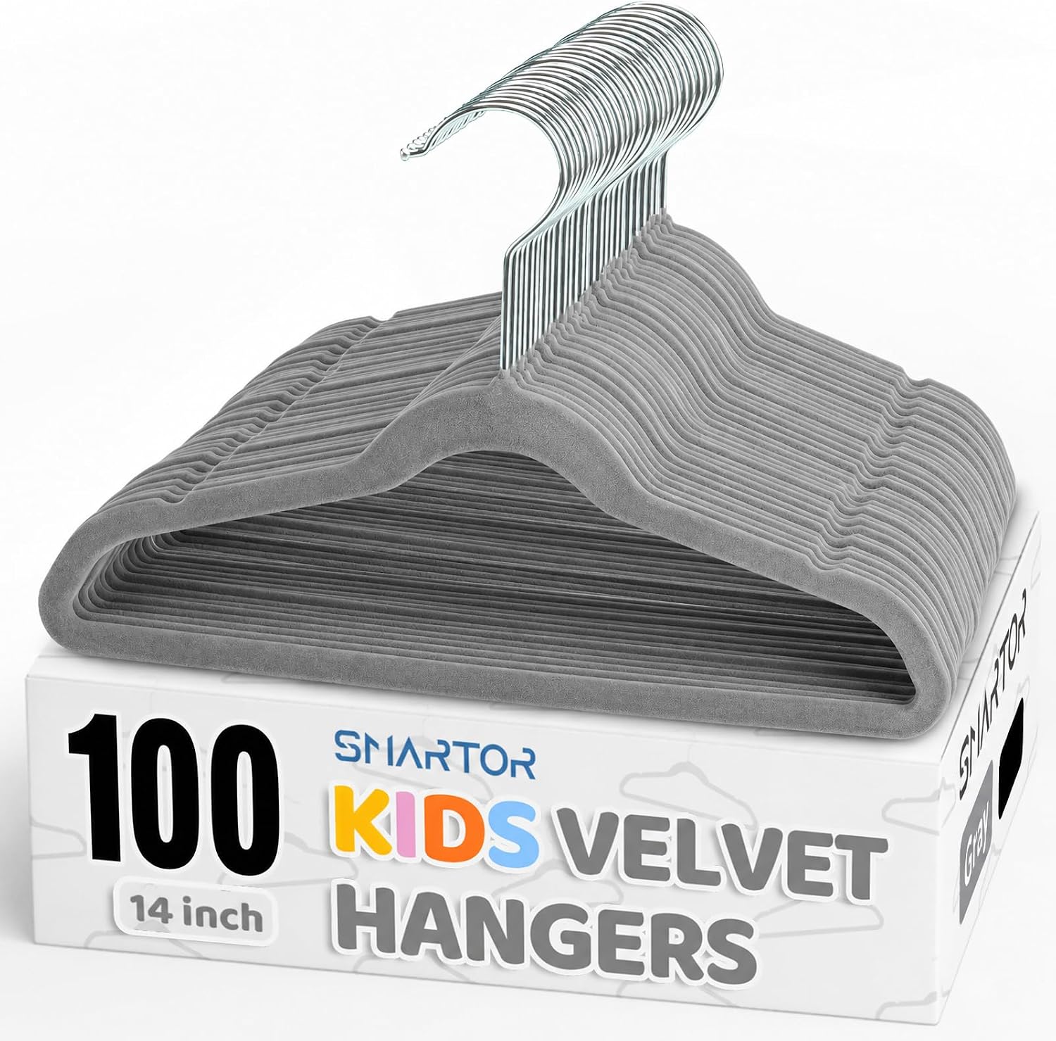 Premium 14 Inch Kids Hangers 100 Pack, Grey Baby Velvet Hanger, Non Slip, Space Saving Felt Hangers Clothes Organizers for Closet with 360° Swivel Hook for Children, Toddler & Teens