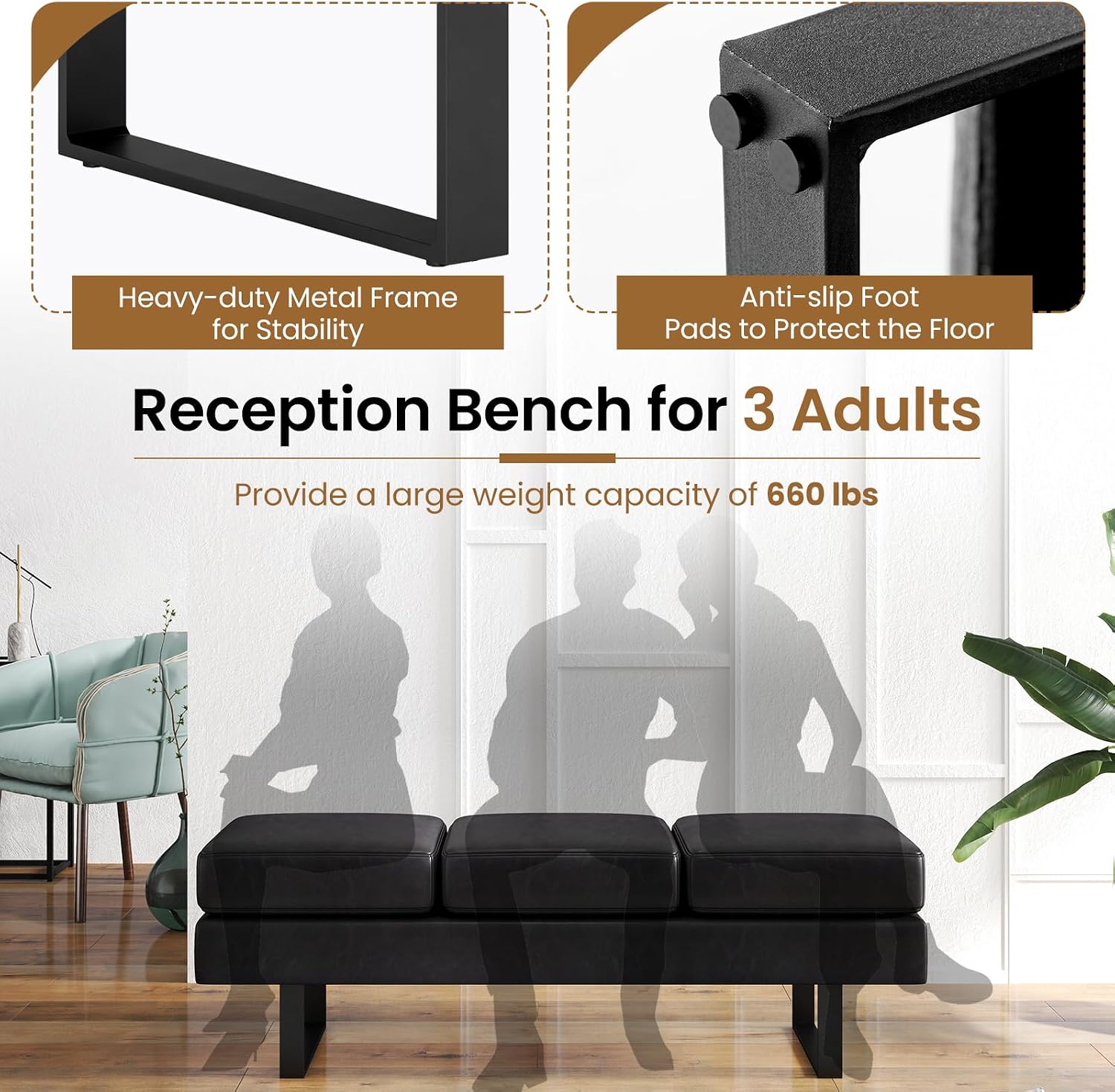 Giantex Waiting Room Bench, Faux Leather Office Guest Chair with 3 Seats, 660 Lbs Capacity, Metal Frame, Reception Chair, Upholstered Bench for Lobby, Conference Room, Entryway, Dining Room (Black)