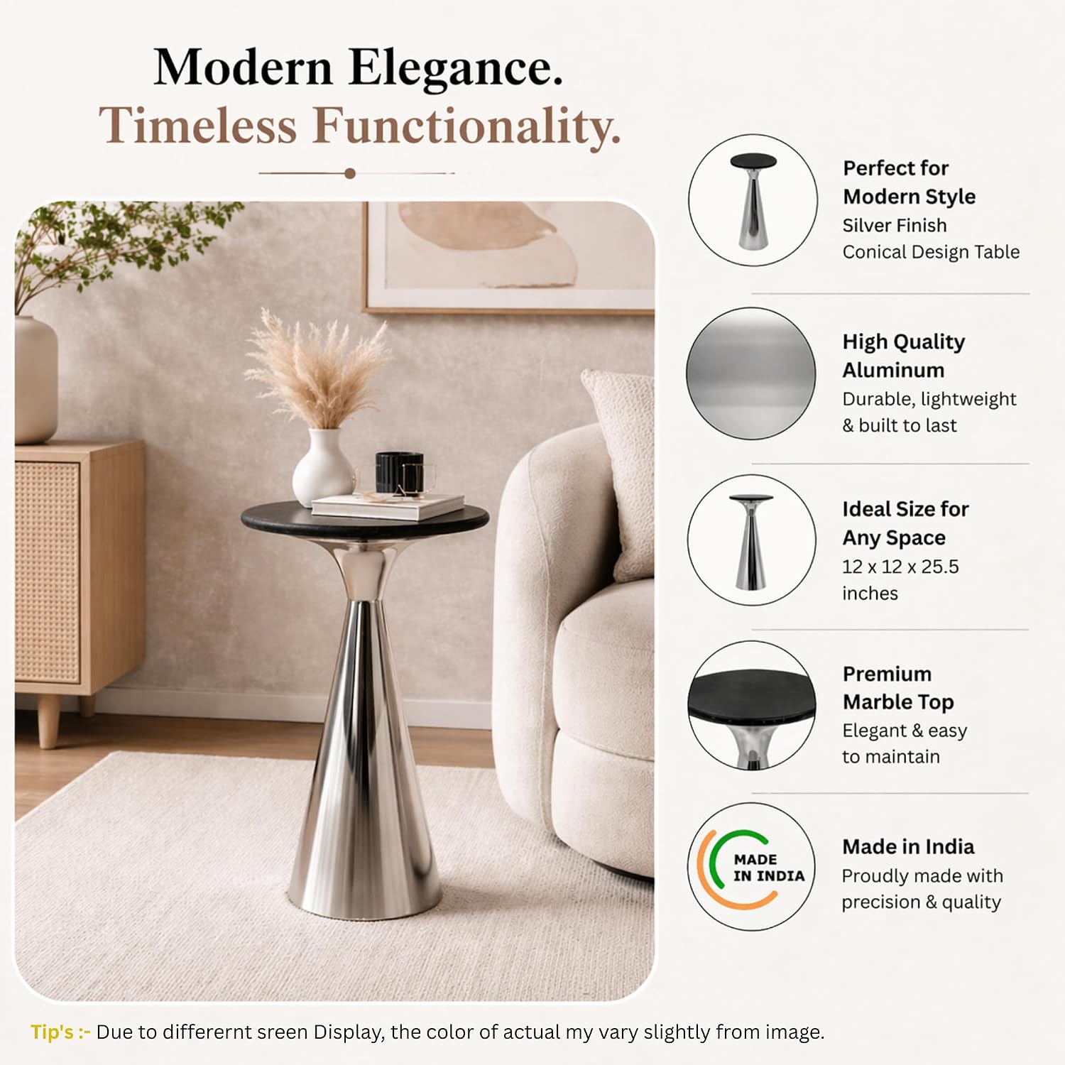 Silver Side Table with Black Marble Top | Decorative Modern End Table | Metal Base | Accent Table for Living Room | 12x12x25.5