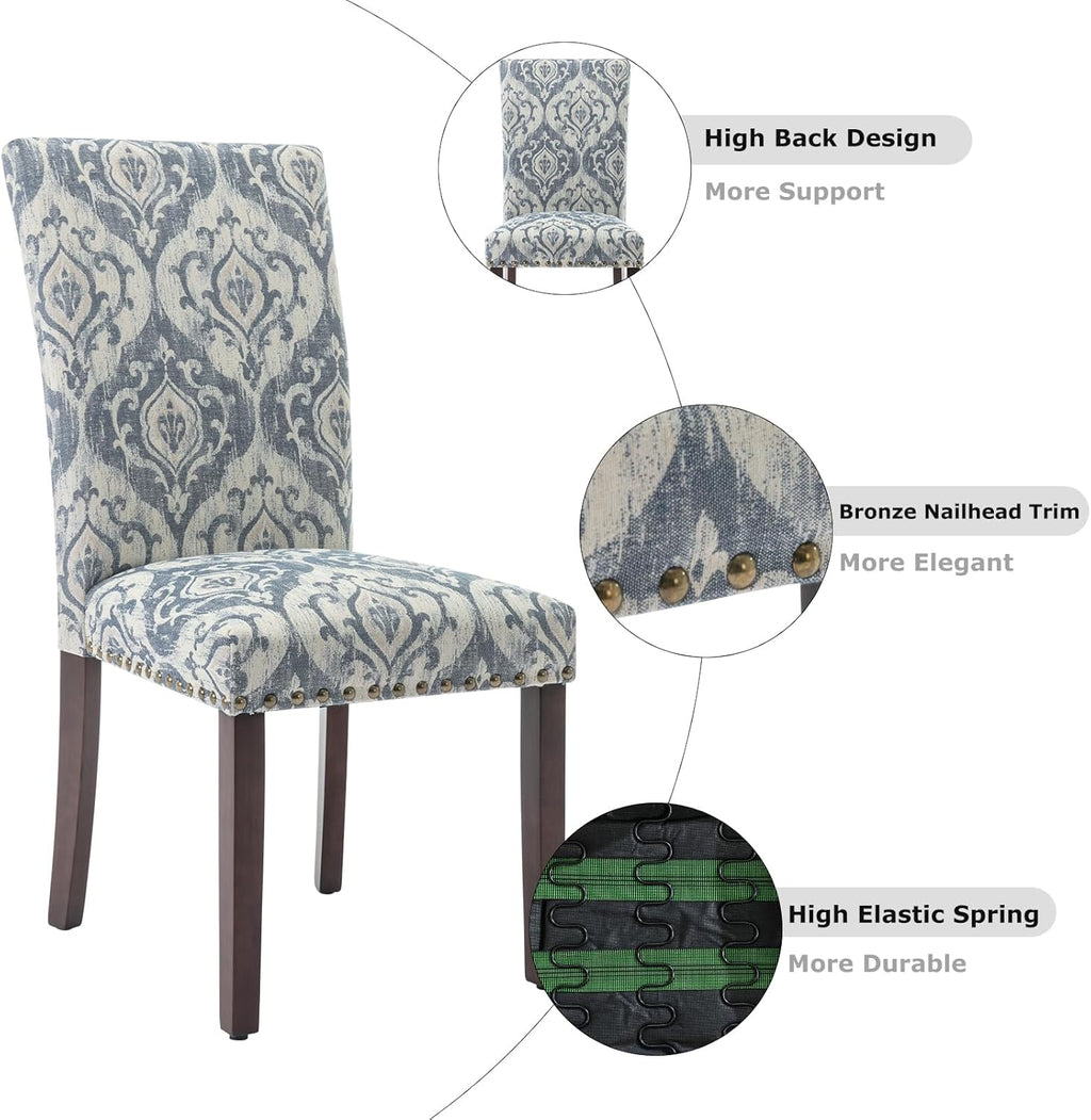 COLAMY Upholstered Parsons Dining Chairs Set of 4, Fabric Dining Room Kitchen Side Chair with Nailhead Trim and Wood Legs - Blue/White Flower