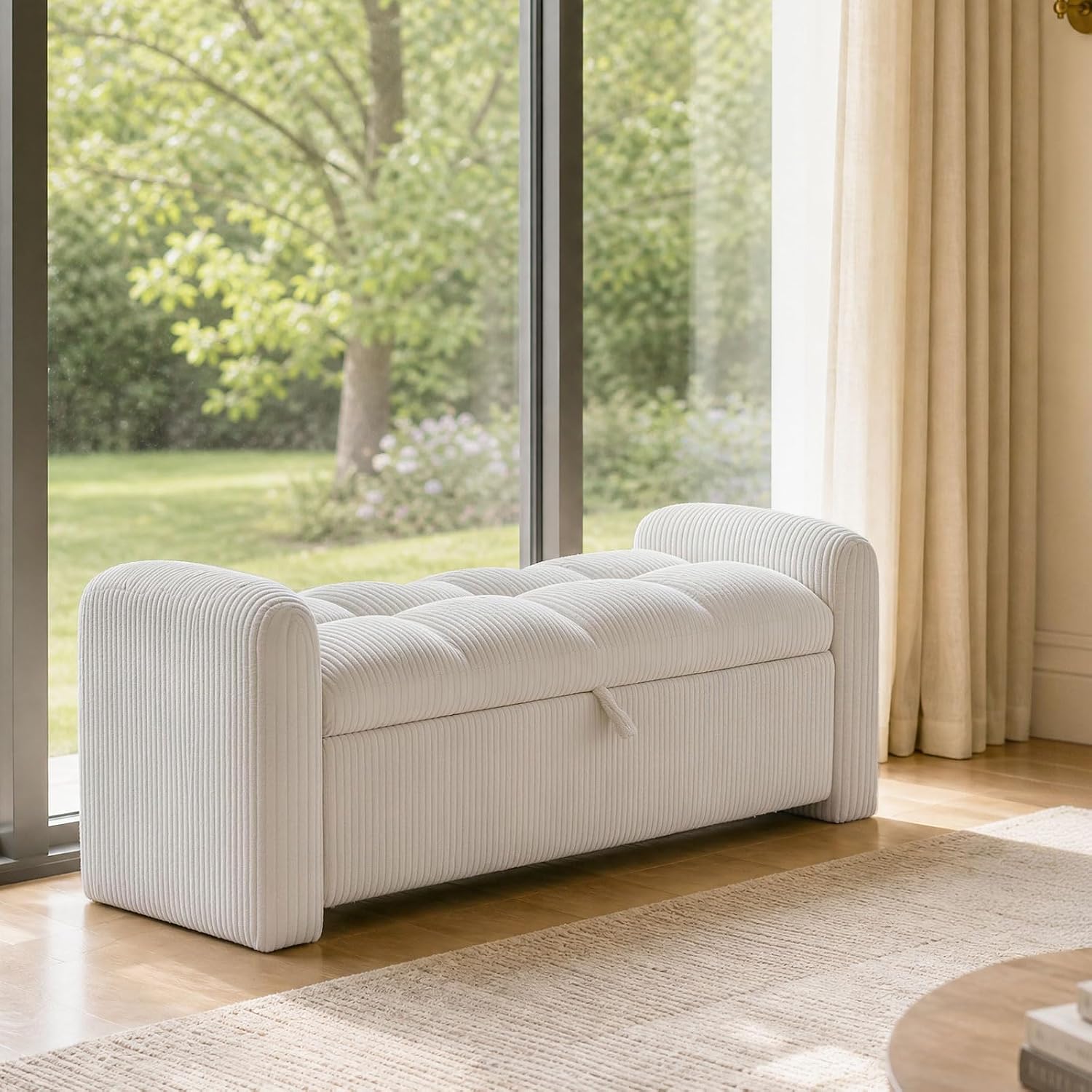 Storage Bench for Bedroom End of Bed, Upholstered Storage Ottoman Bench with Pillows for Foot of Bed, Bedroom,Living Room, Entryway, Corduroy White