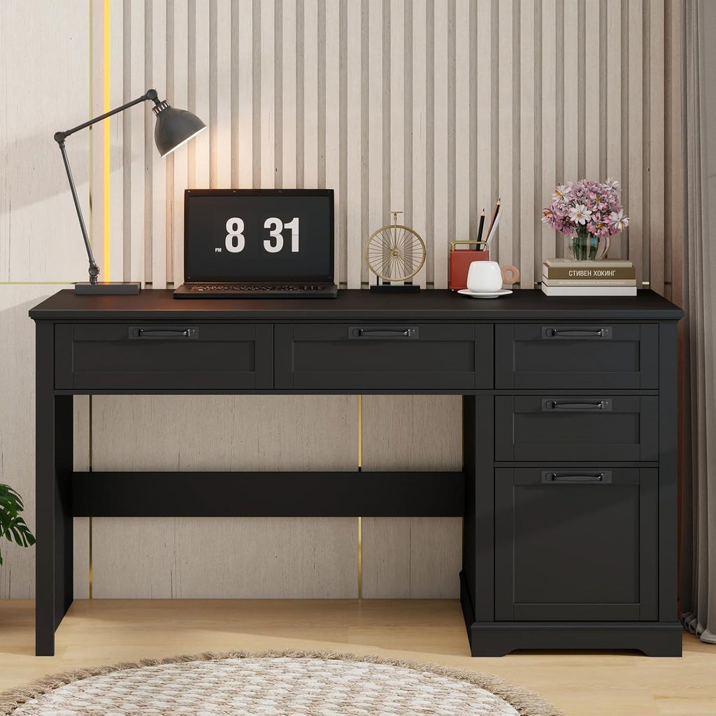 Vabches 55" Farmhouse Home Office Desk with File Drawer, Executive Computer Desk with 4 Storage Drawers, Rustic Computer Desk for Working, Studying, Writing（Pure Black