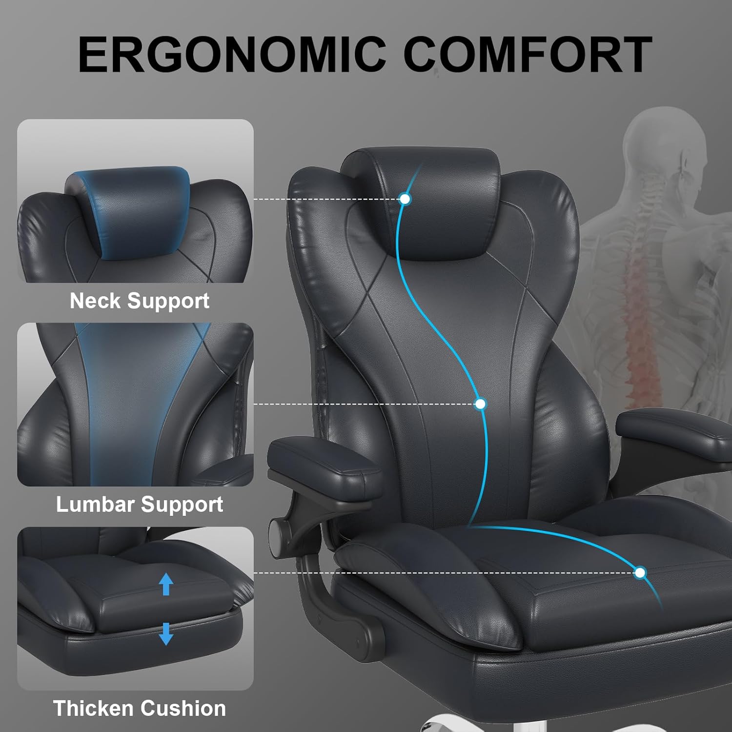 Office Chair, Home Desk Chair, Ergonomic Computer Chair with Lumbar Support, Executive Leather Chair with Flip-Up Armrests, Big and Tall Swivel Rolling Chair, PU Leather, Black
